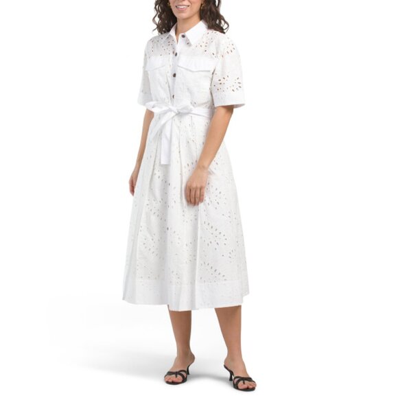 DEREK LAM 10 CROSBY White/White Lincoln Short Sleeve Utility Dress